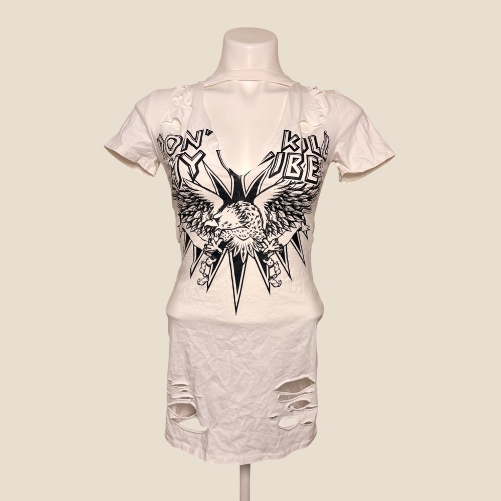 Y2K JNK White Dont Kill My Vibe Scene Distressed Graphic T-Shirt Dress #14